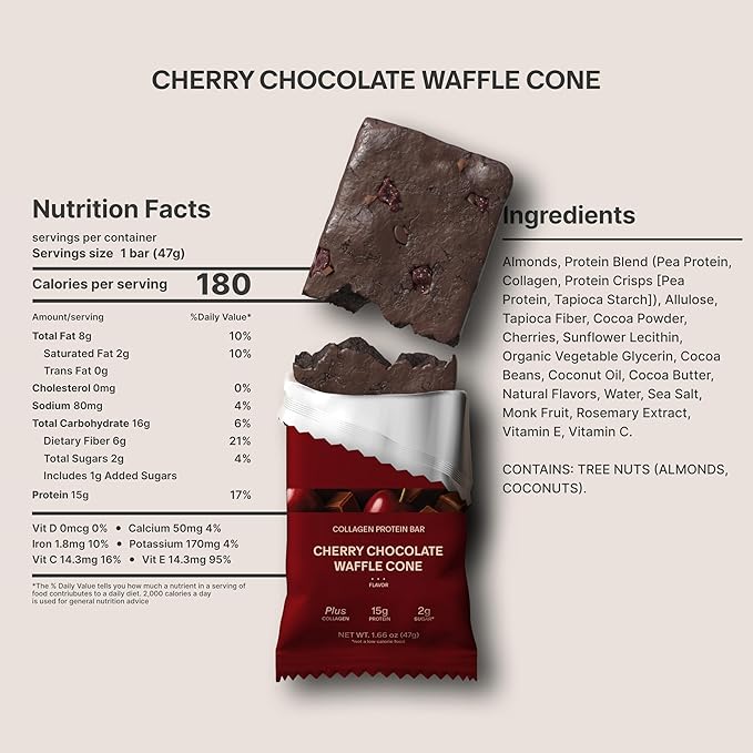 Stars + Honey Protein Bars- Cherry Chocolate Waffle Cone,15g Protein, 2g Sugar, w/Collagen Keto Friendly Snack - Gluten, Dairy, & Soy Free - High-Protein Snacks for Energy & Recovery-10 pack