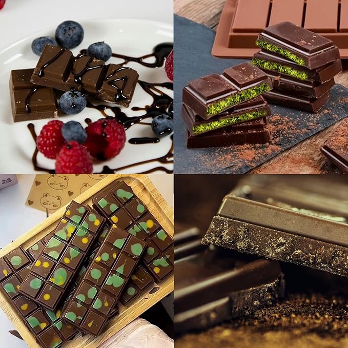 2 Pack Chocolate Bar Mold Deep for Stuffed Bar, Non-Stick Thick Chocolate Molds, Silicone Chocolate Candy Molds for Knafeh Pistachio Chocolate Bar, Candy, DIY Handmade Gifts (2 Pcs 10Snap)