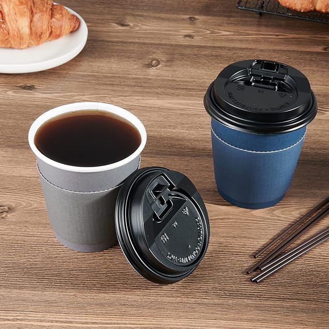 LITOPAK 100 Pack 10 oz Disposable Paper Coffee Cups with Lids, Sleeves and Stirring Sticks for Hot Coffee, Water or Juice, Blue and Gray Hot Paper Cups for Cafes, schools, offices, shops