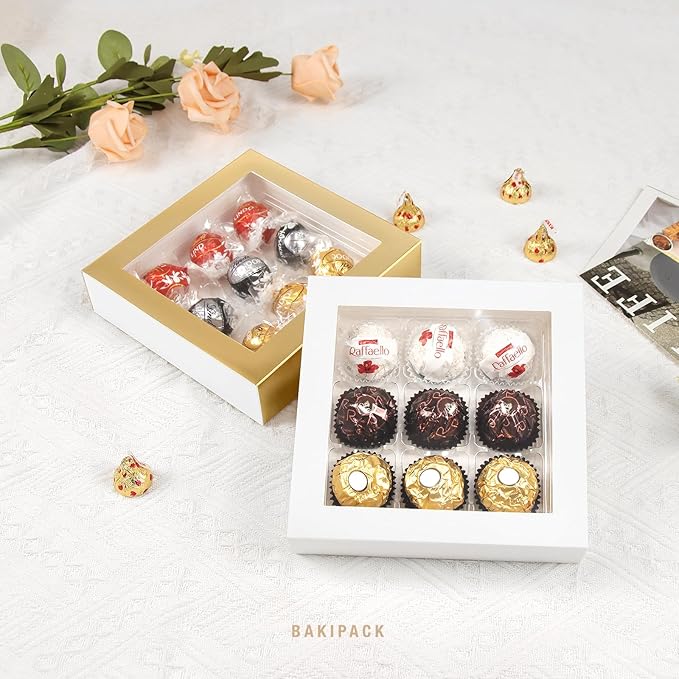 BAKIPACK 12 Truffle Boxes, Chocolates Box, Gold Truffle Gift Packaging with 9-Piece Plastics Tray