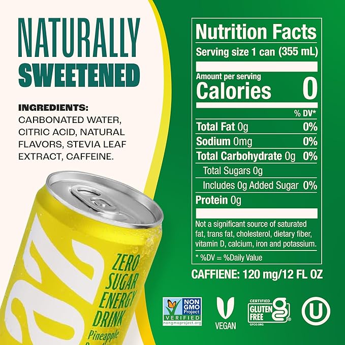 Zevia Zero Sugar Energy Drink, Pineapple Paradise, 12 oz Cans (12-Pack) – Naturally Sweetened, Non-GMO Project Verified, Gluten-Free, Vegan