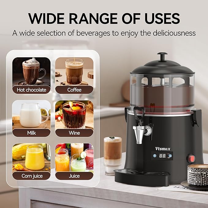 Commercial Hot Chocolate Machine 86-194℉ Intelligent temperature control hot chocolate maker, hot beverage dispenser for Chocolate Drink, Cocoa, Milk, Coffee, Juice