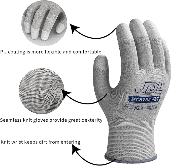 JDL ESD Work Gloves, Anti-Static Gloves for PC Building, 12 pairs, Computer Installation & Repair, High Resistance Carbon Fiber Gloves, Large