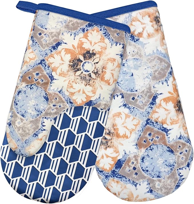 Thumb Oven Mitts, Heat and Slip Resistant Silicone Kitchen Mittens 2-Pack Set, Vintage Carpet Flower Soft Long Oven Gloves, Flexible Potholders for Safe Baking Cooking & Grilling (Dusty Blue)