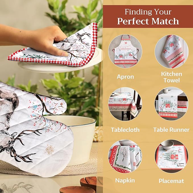 Maison d' Hermine Pot Holders Set 100% Cotton Heat Resistant Potholders 8" x 8" Hot Pads with Loop BBQ, Cooking, Baking, Grilling, Kitchen, Handling Hot Pans (Pack of 2, Rural Christmas)