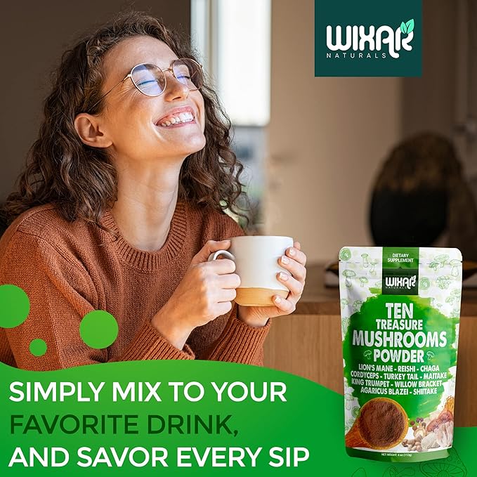 Wixar Mushroom Powder - Ten Treasure Mushrooms Extract Supplement Blend for Coffee & Smoothies - Lions Mane, Turkey Tail, Reishi, Chaga, Shiitake, Cordyceps, Complex - 4oz Mushroom Supplement