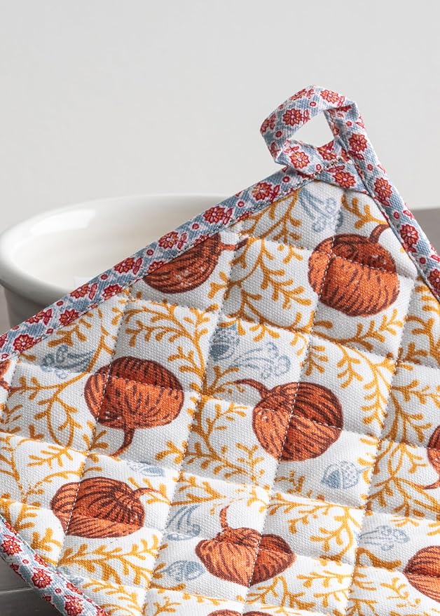 Maison d' Hermine Pot Holders 100% Cotton Heat Resistant Potholders 8" x 8" Hot Pads with Loop BBQ, Cooking, Baking, Grilling, Kitchen, Handling Hot Pans (Pack of 1, Harvest Festival)