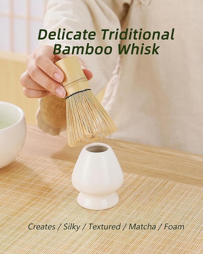 ZENS Matcha Whisk Set, 6pcs Matcha Kit Set Includes Ceramic Bowl and Bamboo Whisk & (Chasen Holder), Sifter, Scoop -Tea Towel, Japanese Chawan with Spout for Lovers, White