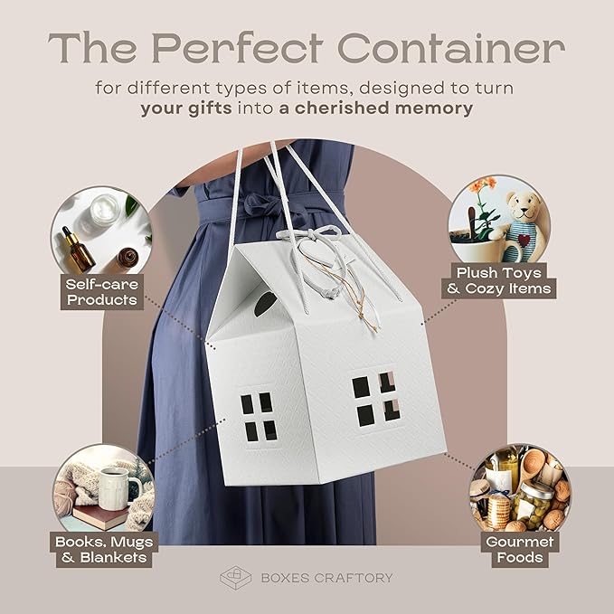 Craftory Pack of 5 House Shaped Gift Boxes (7.87 x 7.87 x 7.08 Inch) - Mansion Box Ideal for Christmas Gifts and Treats - White Matelasse