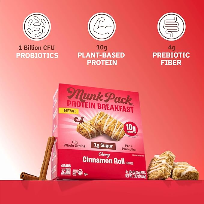 Munk Pack Cinnamon Roll Probiotic Protein Bars | 10g Plant Protein, 1g Sugar, 6g Fiber | Diabetic-Friendly Ideal Breakfast Bars - On-the-Go Snacks, Gluten-Free, Non-GMO | 12 Count