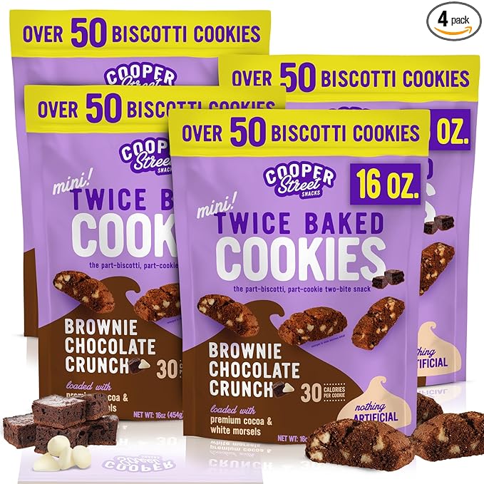 Cooper Street Twice-Baked Brownie Chocolate Biscotti Cookies (16oz each, Pack of 4) - 50 Two-Bite Mini Italian Style Snacks - Dairy-Free, Peanut Free, Kosher, Low-Calorie, Perfect with Coffee or Tea