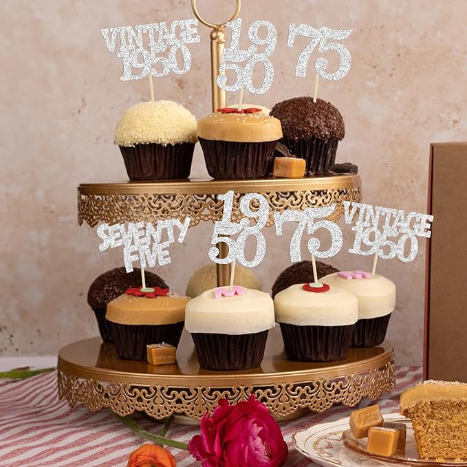 Gyufise 24Pcs 75th Birthday Cupcake Toppers Glitter Cheers to 75 Fabulous Seventy Five Vintage 1950 Cupcake Picks 75th Birthday Wedding Anniversary Party Cake Decorations Supplies Silver