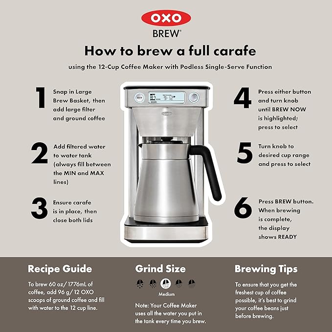 OXO Brew 12-Cup Coffee Maker With Podless Single-Serve Function,Silver