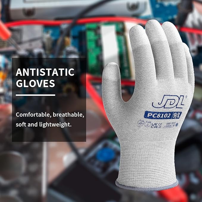 JDL ESD Work Gloves, Anti-Static Gloves for PC Building, Computer Installation & Repair, High Resistance Carbon Fiber Gloves, X-Large
