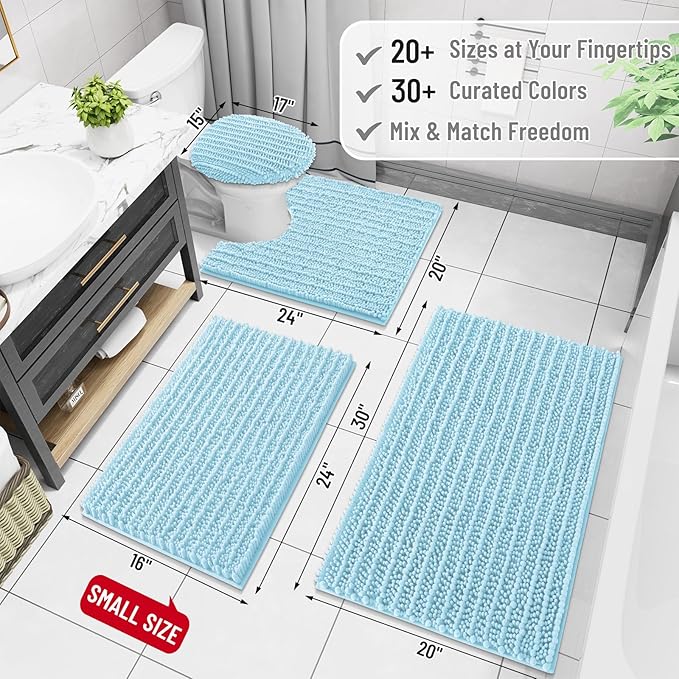 Arotive Luxury Chenille Bathroom Rug Mat, Extra Soft Thick Absorbent Shaggy Bath Rugs, Non-Slip Machine Wash Dry, Plush Bath Mats for Bathroom, Shower and Tub, 59x35, Blue