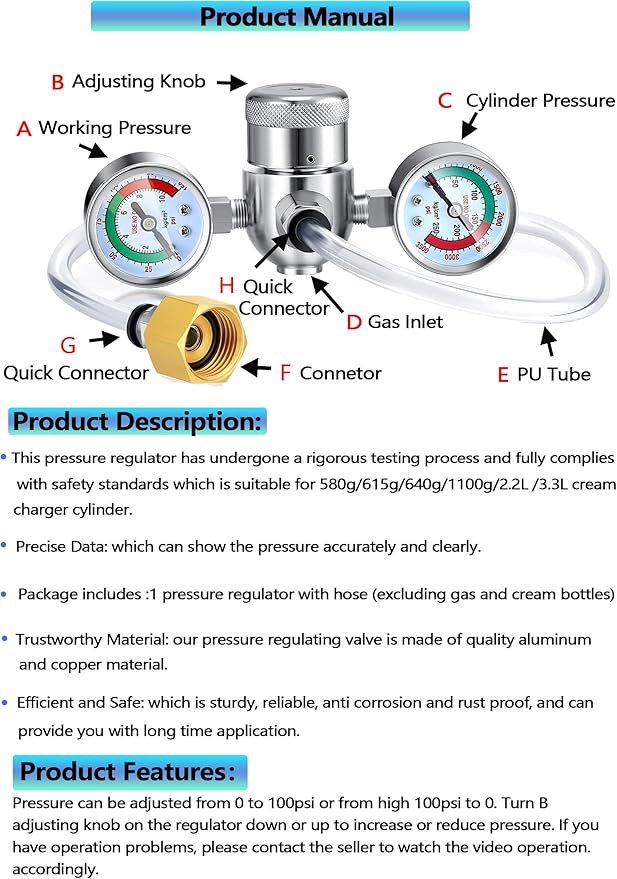 Pressure Regulator for Whipped Cream Charger Suitable For Standard Whipping Cream Dispenser,Compatible with 0.95l Blue Tank