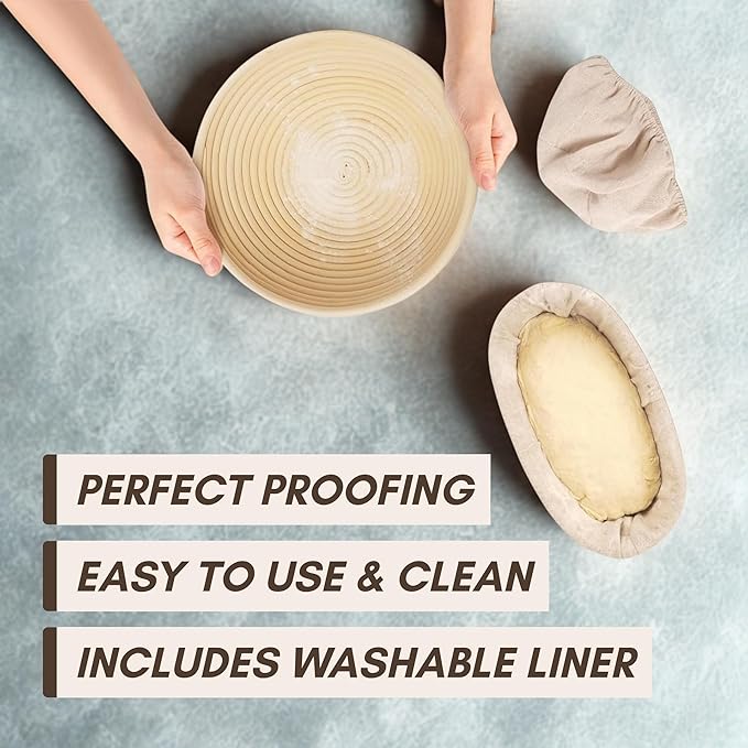 Sourdough Basket Set, 9" Round & 10" Oval Proofing Baskets for Bread Baking with, Lame, Whisk & Linen Liners, Complete Sourdough Proofing Basket Kit