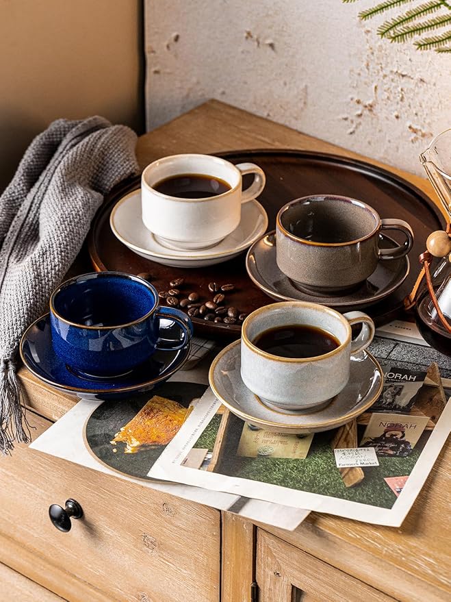 Gomakren 6 Ounce Cappuccino Cups with Saucers and Metal Stand, Stackable Coffee Cup Set of 4, Porcelain Espresso Cups for Coffee Drinks, Cappuccino, Latte, Americano, Tea, Cobalt Blue