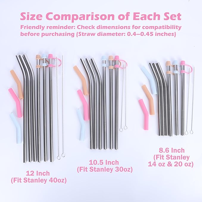 Stainless Steel Straws with covers fit Stanley 40 oz tumbler, Reusable 12 Inch Metal Straw with Silicone Tips & Cover Caps, Compatible with Stanley Quencher H2.0 (6 Pack: 3 Bent + 3 Straight)