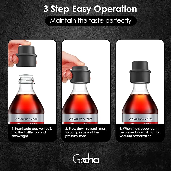 GOCHA | 2 PCS Vacuum Soda Bottle Stopper | Silicone Fizz Keeper | Carbonation Preserver for Soft Drinks & Beverages | Universal Leak-Proof Bottle Cap | (Black)