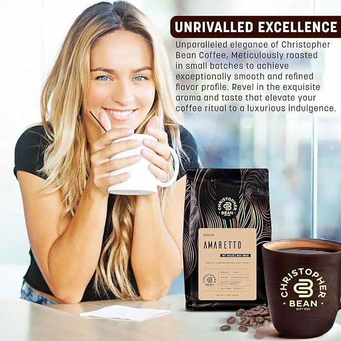 Christopher Bean Coffee - Certified Kosher - Regular Ground Universal Drip Amaretto Flavored Coffee, Relaxing after Dinner | Amaretto Flavored Medium Roast Coffee 100% Arabica, No Sugar, No Fats, Non-GMO | 10-Ounce