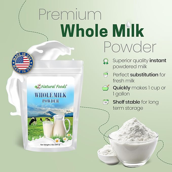 Z Natural Foods Premium Whole Milk Powder - Powdered Milk for Baking, Cooking, Drinks - Dry Milk Powder, Pasteurized, Non-GMO, Gluten-Free, Kosher-Certified, 2 lbs