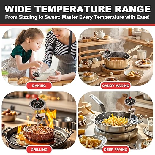 Glow-in-The-Dark Candy Thermometer Waterproof - 9" Deep Fry & Candy Thermometer with Pot Clip – High-Heat, Waterproof for Oil, BBQ, Candle Making，Black