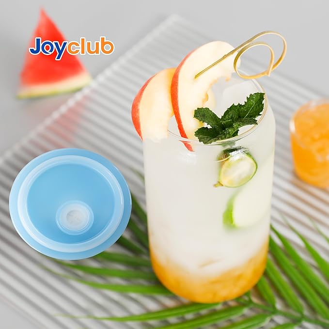Joyclub 4pcs Glass Cups with Acrylic Lids and Straws 16 oz Can Shaped Glass Iced Coffee Cups with Lids and Straws, Cute Tumbler Cup Drinking Glasses for Smoothie Whiskey Boba Soda Tea Gift