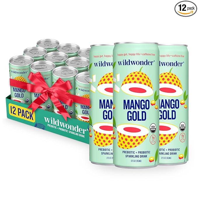 wildwonder Sparkling Probiotic Drink 12pk, For Gut Health & Immune Support, Mango Gold, 5g Prebiotic Fiber, Live Probiotics, Organic, Vegan, Low Sugar, 12 Pack, 12oz Can, As Seen on Shark Tank