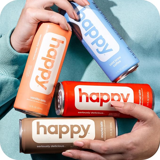 happy coffee canned mocha latte, 11 oz. cans, 12 pack, notes of cocoa & elation, 100% arabica beans, no artificial flavors or sweeteners