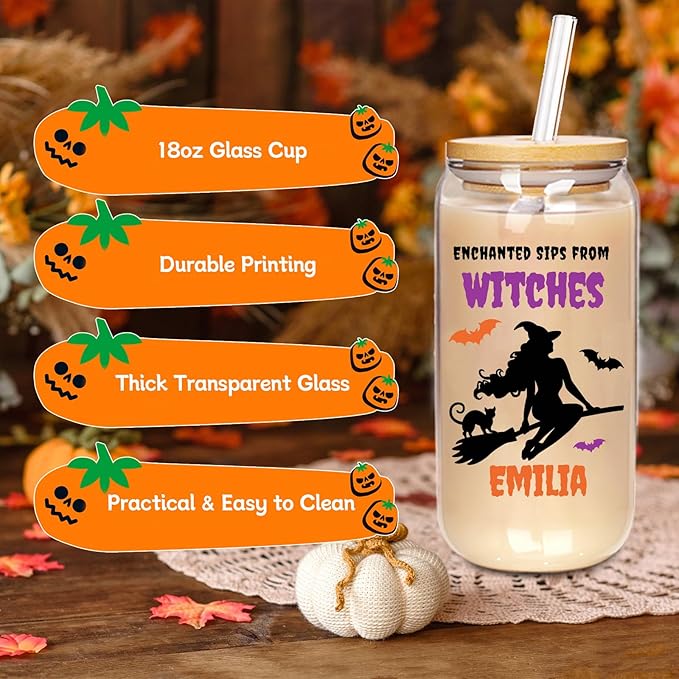 Personalized Halloween Tumbler for Witches-Boo Basket Stuffers- Can Shaped Glass with Lids and Straws18OZ -Halloween Gifts for Women Kids Daughter