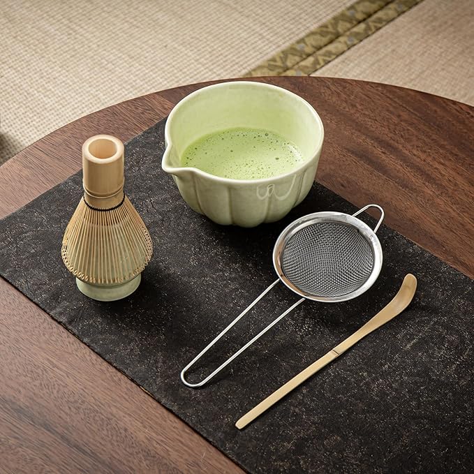 Matcha Whisk Set, Matcha Bowl with Spout, Matcha Whisk, Chasen Holder, Sifter, Bamboo Scoop - 5 Pcs Perfect Matcha Making Kit for Matcha Lover and Tea Ceremony (Speckled Green)