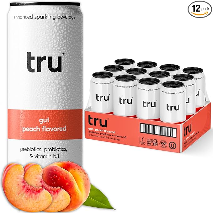 Tru Gut Seltzer, Sparkling Water with Prebiotics, Probiotics & Vitamin B3, Peach Juice & Natural Flavor, Lightly Carbonated, Gluten Free, Vegan, Caffeine Free, Low Calorie, 12 FL OZ Cans, 12 Pack