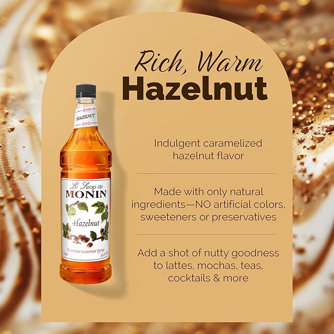 Monin - Hazelnut Syrup, Nutty Taste of Caramelized Hazelnut, Natural Flavors, Great for Mochas, Lattes, Smoothies, Shakes, and Cocktails, Non-GMO, Gluten-Free (1 Liter)