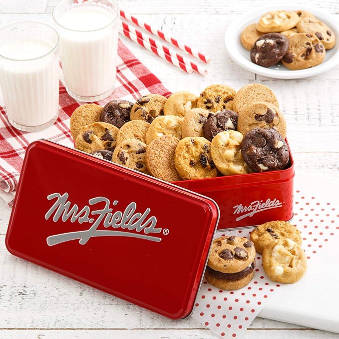 Mrs. Fields 30 Nibblers Bite-Sized Cookies Signature Tin - Assorted with 30 Nibblers Cookies in our 5 Classic Cookie Flavors
