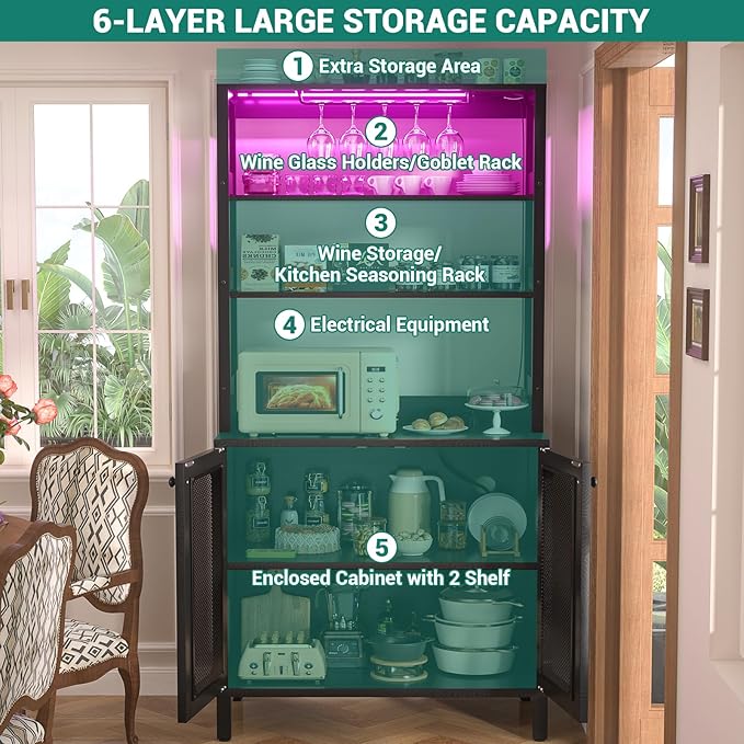 Aheaplus Bar Cabinet with Power Outlets, 67" Tall Wine Bar Cabinet Liquor Cabinets with LED Lights and Glass Holder, Coffee Bars Station for Living Room, Microwave Stand Bakers Rack Cabinets, Black
