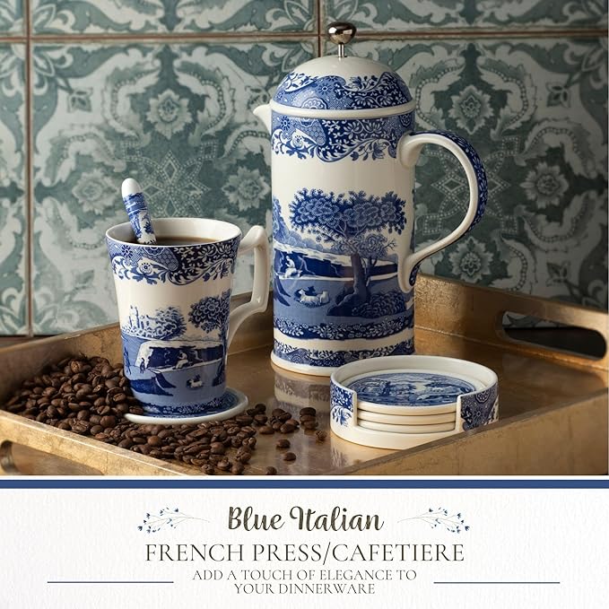 Spode Blue Italian French Press | 28-Ounce Capacity | Espresso, Coffee, and Tea Maker | Porcelain Cafetiere | Stainless Steel Plunger | Dishwasher Safe (Blue/White)
