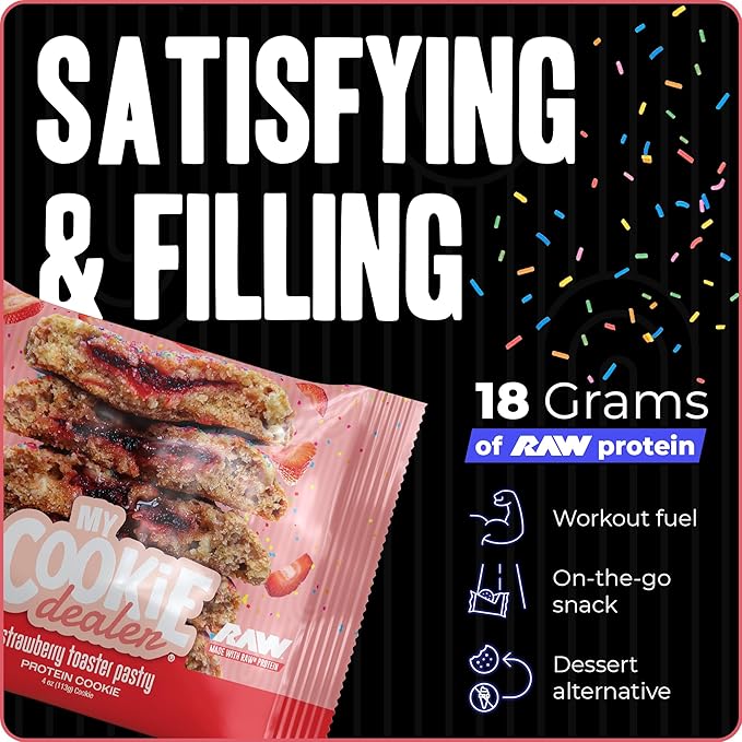 My Cookie Dealer Protein Cookies, Strawberry Toaster Pastry (4oz, Pack of 3) - 18g Protein per Cookie - Individually Wrapped Workout Snacks for On-The-Go Travel