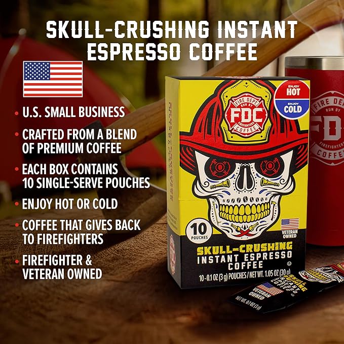 Fire Department Coffee - Skull Crushing Instant Espresso Coffee - Instant Coffee Packets Single Serve - Gives Back to Firefighters - Veteran Owned - Enjoy Hot or Cold (Pack of 30)