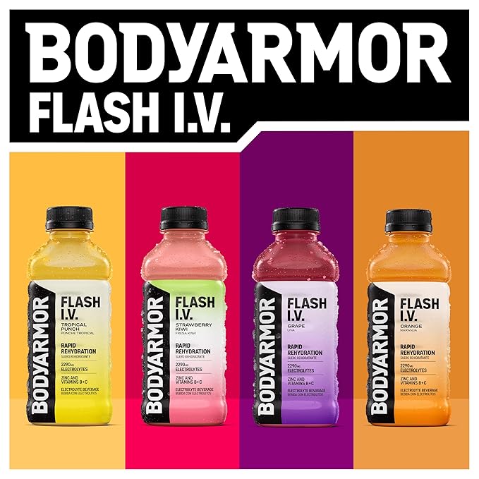 BODYARMOR Flash I.V. Electrolyte Beverage, Orange, Hydration Drink with Coconut Water For Rapid Rehydration, Post Workout Recovery, 20 Fl Oz (Pack of 12)
