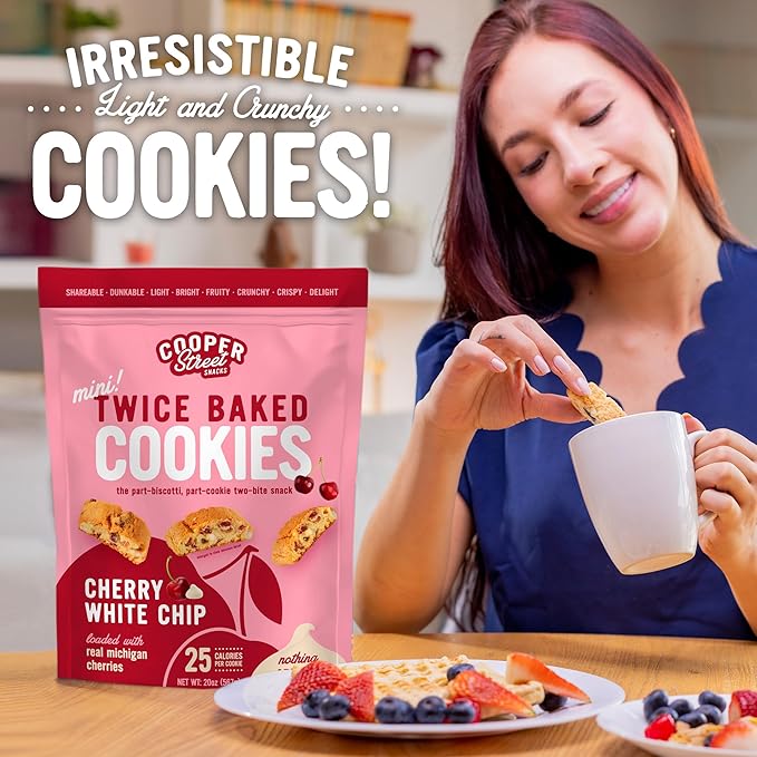 Cooper Street Twice-Baked Cherry White Chip Biscotti Cookies (16 oz Pack of 4) – Over 50 Biscotti Cookies per Bag Loaded with Real Fruit, Traditional Italian Style Snacks - Dairy, Peanut & Soy Free