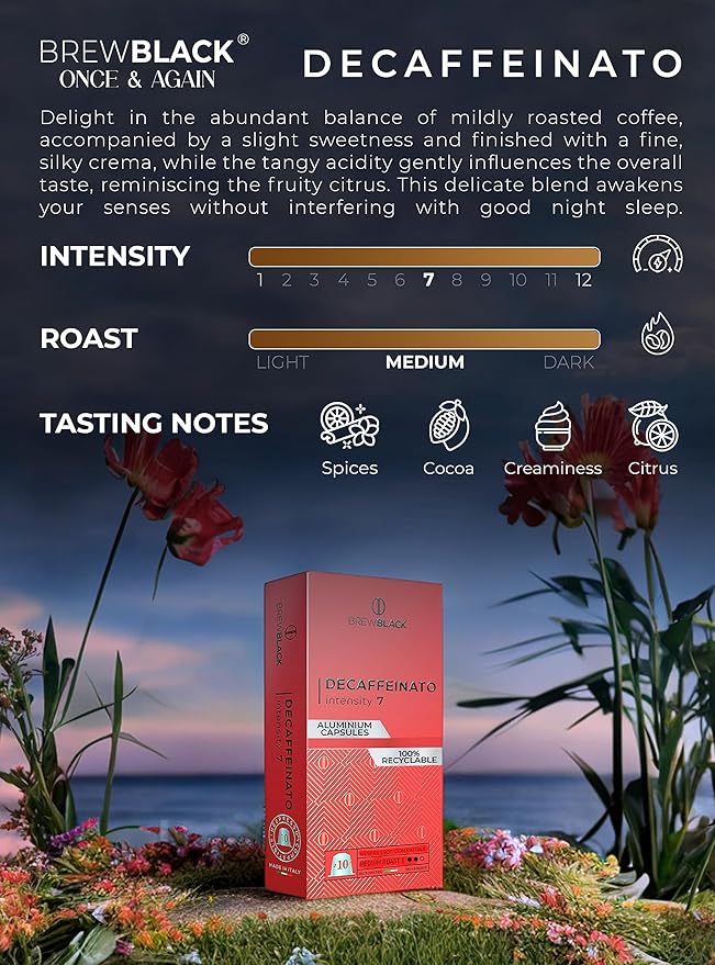 BrewBlack Decaffeinato Coffee Capsules - 100 Aluminum Coffee Pods Compatible with Nespresso Original line, Medium Roast - Intensity 7/12, Made in Italy