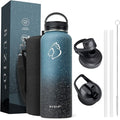 BUZIO 40 oz Water Bottle Insulated with Straw & 3 lid and Carrying Pouch, Leak Proof Anti-Slip Stainless Steel Water Flask Jug, Cold for 48 Hrs Double Vacuum Thermo Canteen, BPA-Free, Starry Indigo