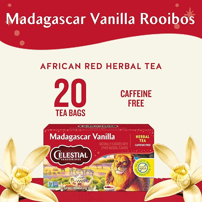 Celestial Seasonings Rooibos Madagascar Vanilla Herbal Tea, Caffeine Free, 20 Tea Bags Box (Pack of 6)