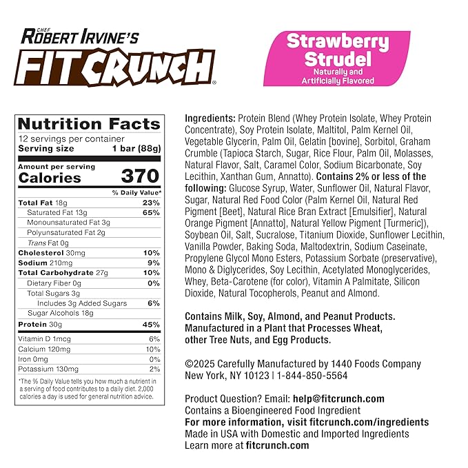 FITCRUNCH Full Size Protein Bars, 6-Layer Baked Bar, 3g of Sugar, Gluten Free & Soft Cake Core (12 Bars, Strawberry Strudel)