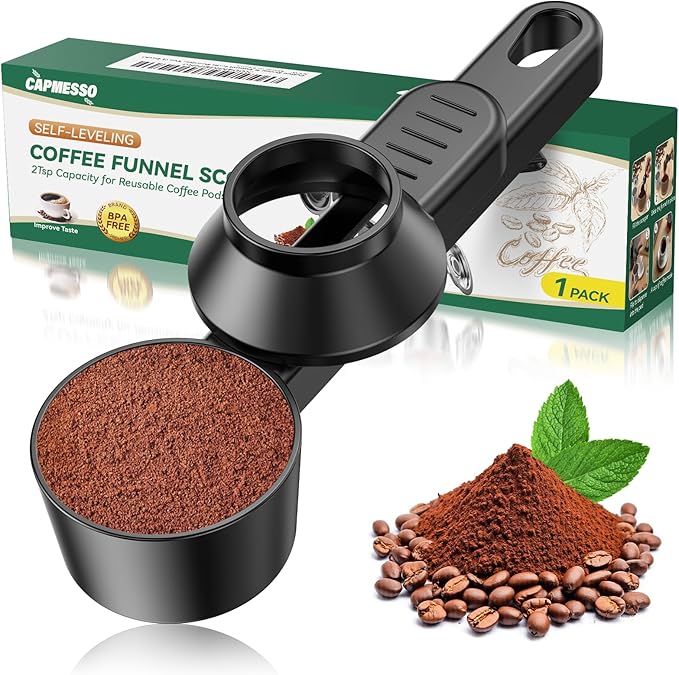 CAPMESSO Coffee Scoop & Funnel for Reusable K Cup Refillable Coffee Pods: 2 Tablespoon Coffee Measuring Scoop - Easy Slide Scoop for Ground Coffee, Protein Powder, Tea without Spilling (1 Pack)
