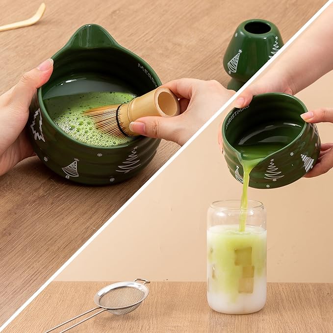 5pcs Premium Matcha Set,Ceramic Bowl with Spout and Bamboo Whisk set, Ceremonical Matcha Kit for breakfast/latte,Tea Starter Making Kit,Christmas Matcha Gift set (Christmas Tree)