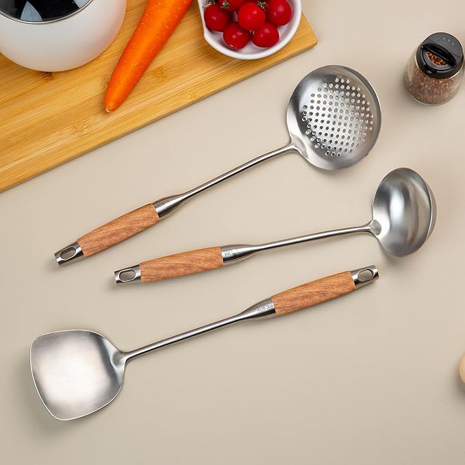 FJNATINH Metal Spatula,Wok Utensil Wok Spatulas for Kitchen Use Cooking Utensils Spatula for Cooking,Wooden Handle