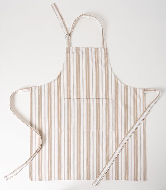 1 Oven Mitt, 1 PotHolder & 1 Kitchen Apron Set - Durable Heat Resistant Gloves - Thick Mittens for Kitchen - Suitable for Cooking, Baking, Grilling – for Men & Women – Taupe Stripes - Casa De Lan