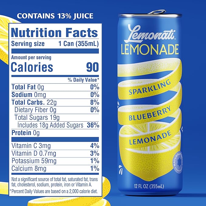 Lemonati Lemonade Sparkling Blueberry Lemonade, No Artificial Sweeteners or Flavoring, Gluten-Free, Kosher, Non-GMO, Vegan, 12 Fl Oz Slim Cans, Pack Of 24, Blueberry Lemonade, 12 Fl Oz (Pack of 24)